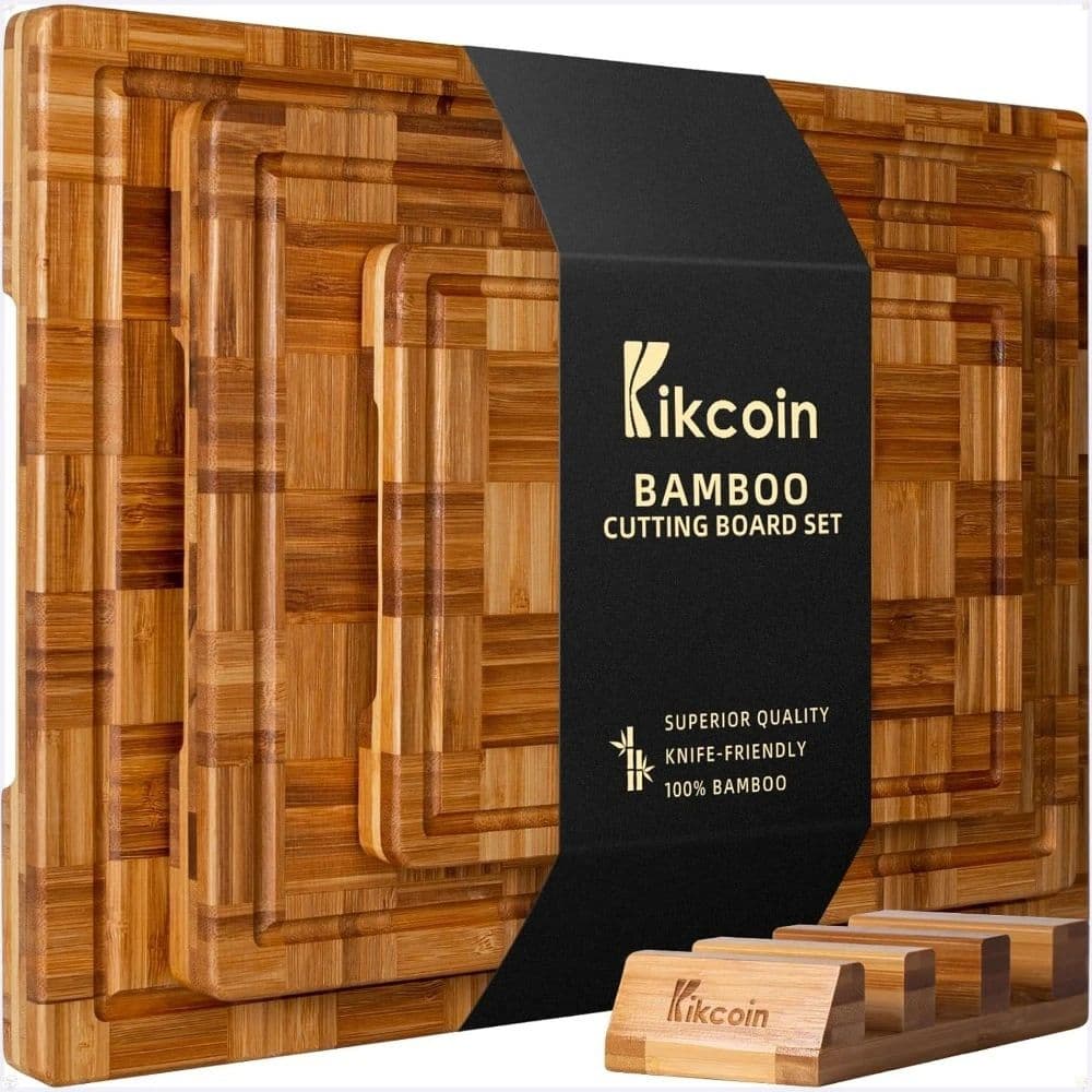 Extra-large bamboo cutting board set (3 pieces), with drainage channels, kitchen meat cutting board, end-patterned tray.